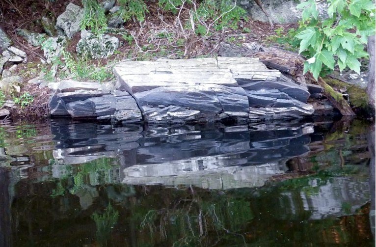 A slab of grey rock at the edge of still water, reflected in it